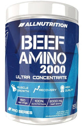 Allnutrition Beef Amino 2000 container with label highlighting muscle growth and recovery benefits.